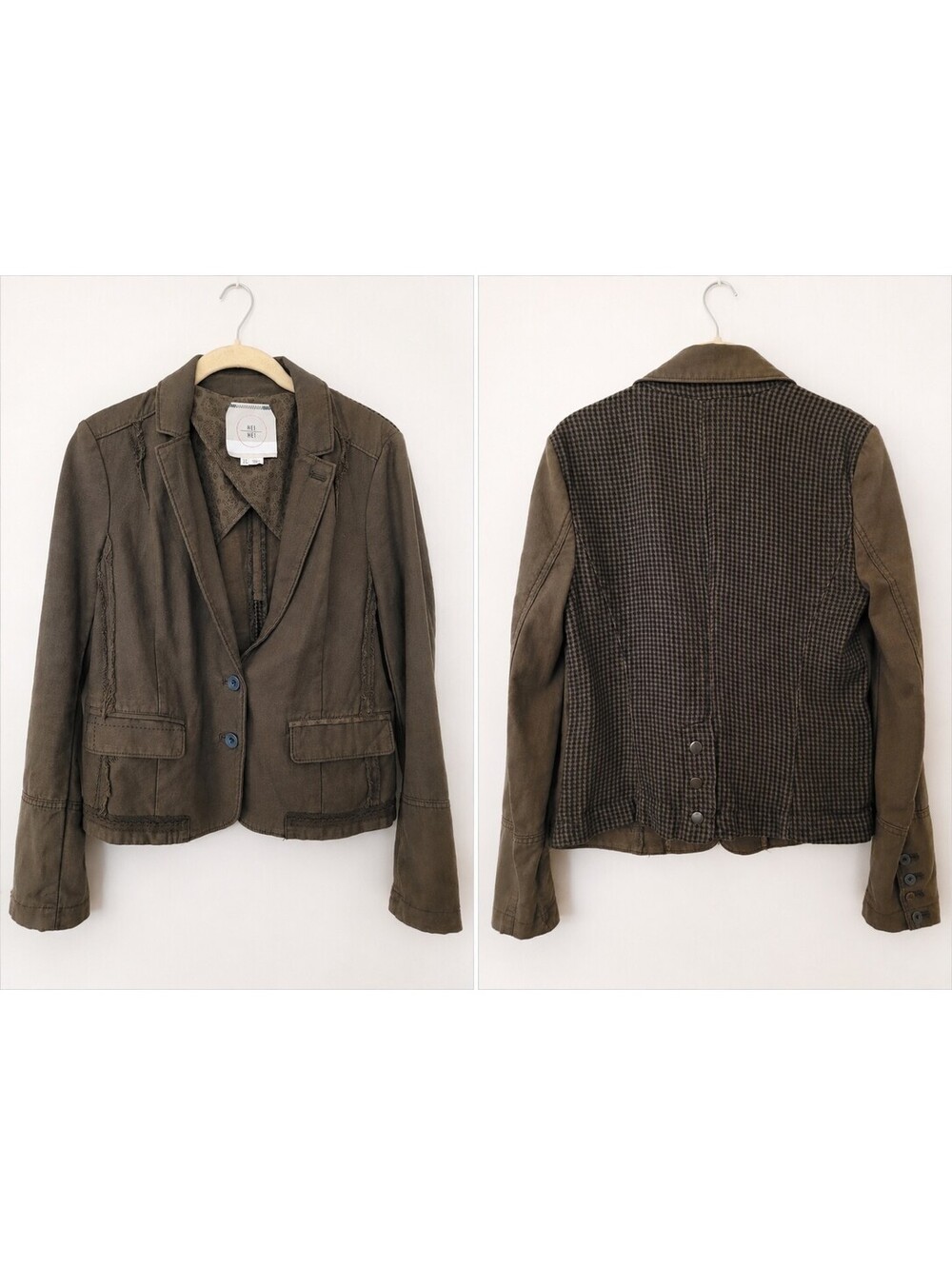 Anthropologie HEI HEI Delanie Olive Green Blazer Woman's 6 Houndstooth Back